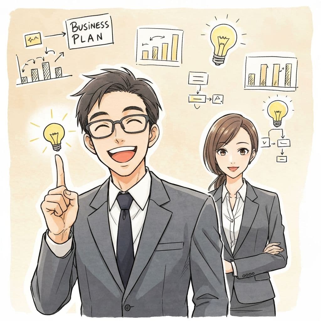 KBSコンサルタントと経営者が事業計画について相談しているイラスト